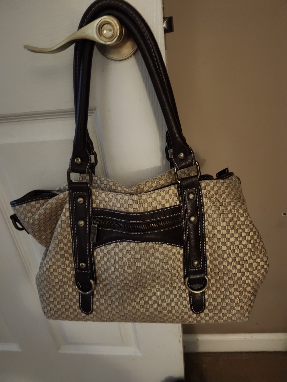 Coach Woven Checker Shoulder Bag in Beige and Dark Brown